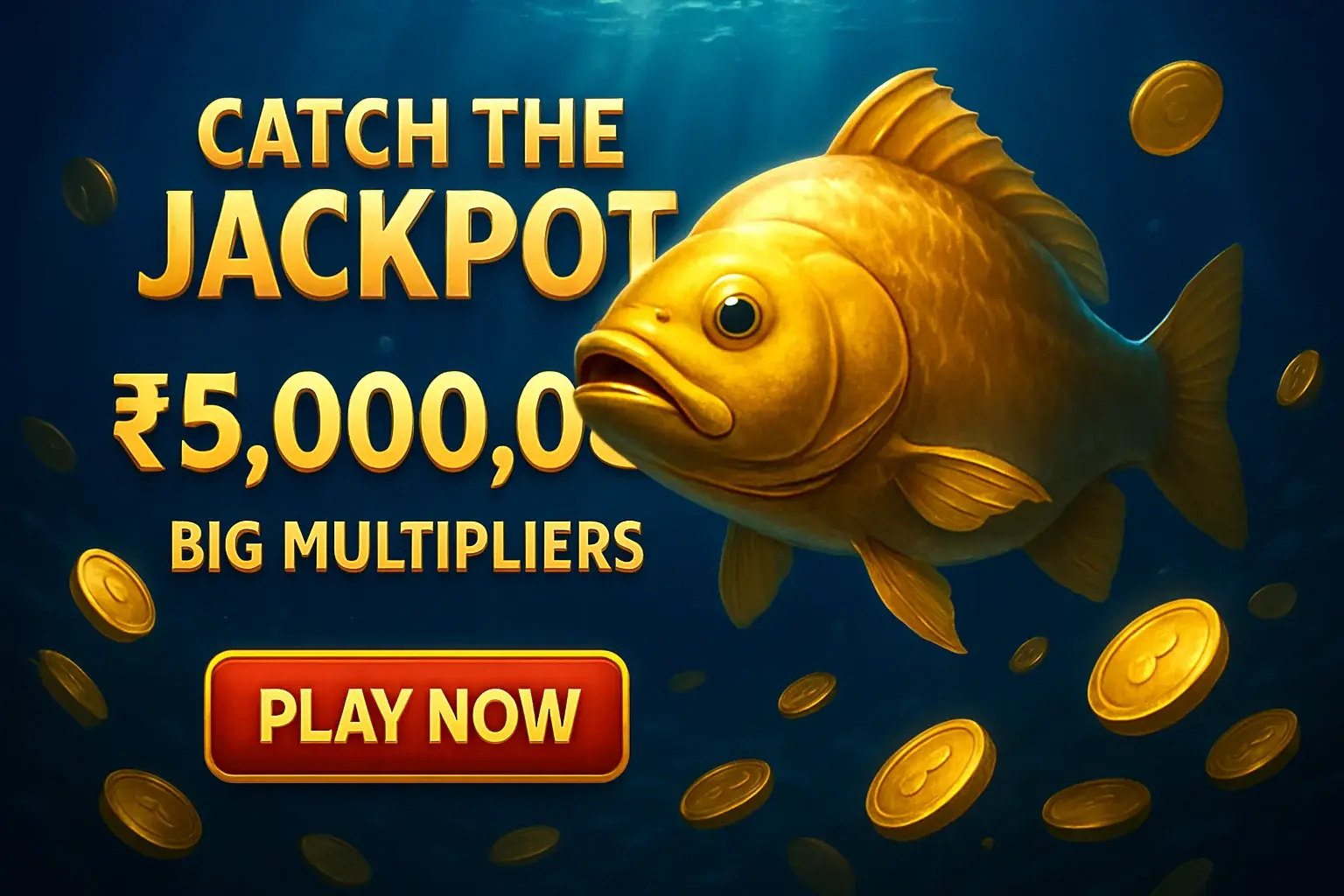 Fishing game jackpot banner with golden boss fish, coins, and CTA button