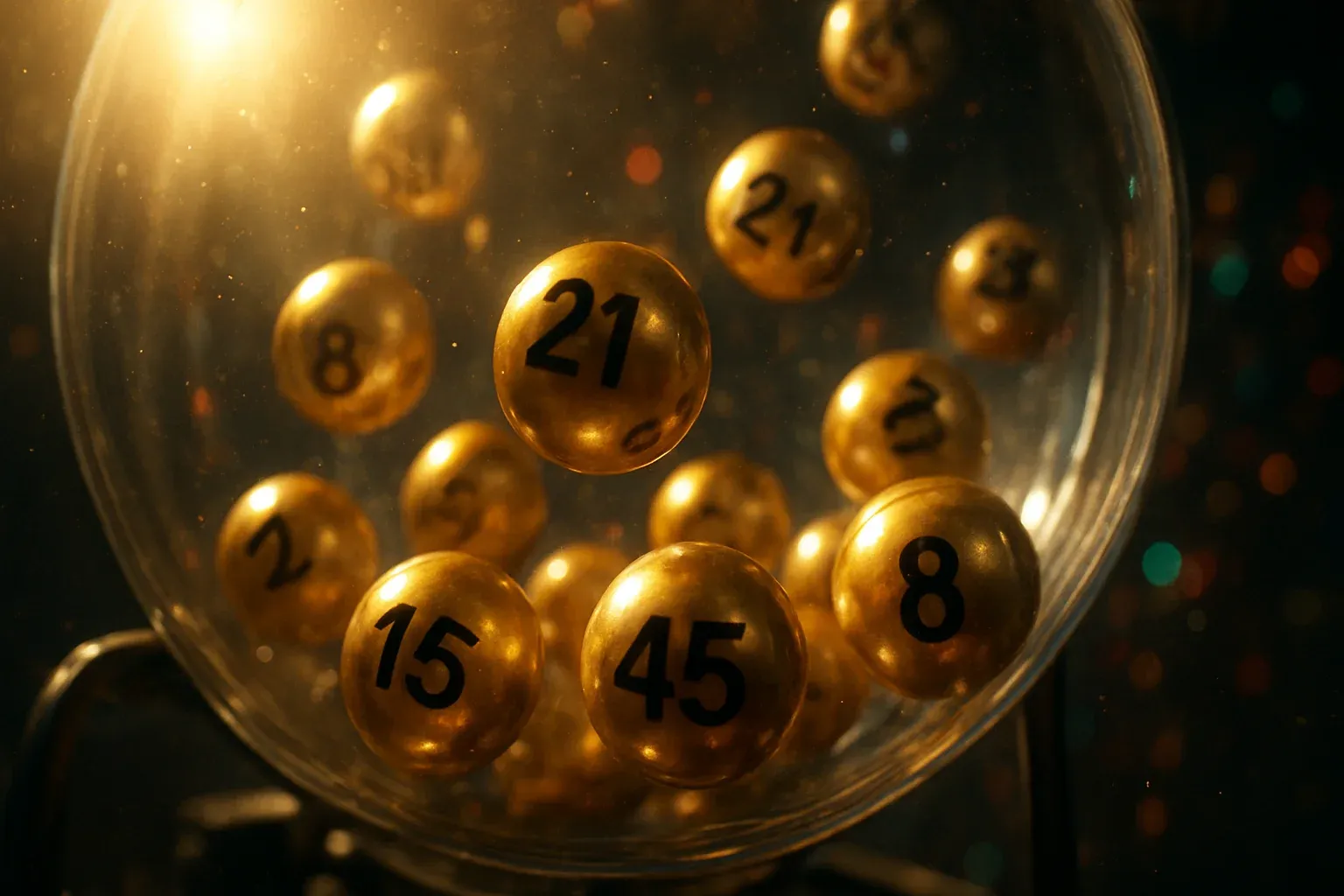 Glowing golden lottery balls tumbling inside transparent draw machine